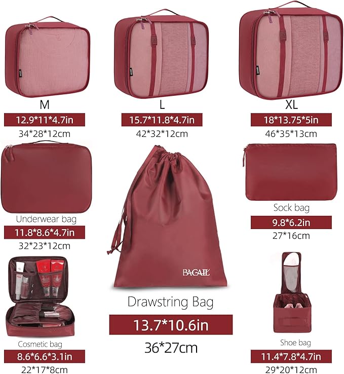 BAGAIL 8 Set Packing Cubes Luggage Packing Organizers for Travel Accessories-Wine Red