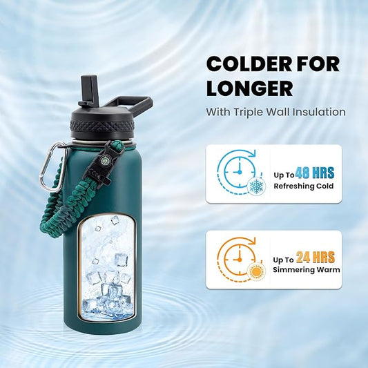 Insulated Water Bottle 32 oz, Triple Wall Vacuum Stainless Steel (Cold for 48 Hrs), Leak Proof & Non-BPA, Modern Water Flask Jug with Paracord Handle & Straw Spout Lids, Dark Green