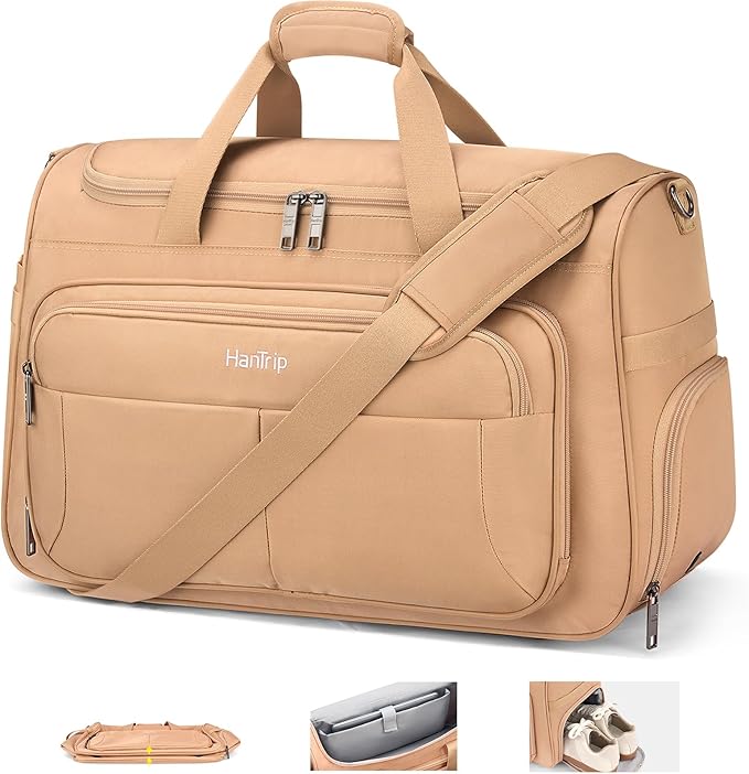 HanTrip Carry on Duffel Bag Foldable Duffle Bags for Travel, Large Personal Item Bags for Airplanes, Weekender Overnight Mens Travel Tote Bag for Women Softside Carry on Luggage (Pink)