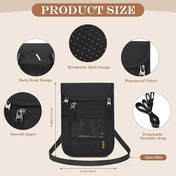 Passport Holder for Travel, Neck Pouch Travel Wallet With RFID Blocking, Waterproof Lightweight Passport Wallet for Women and Men (Black)