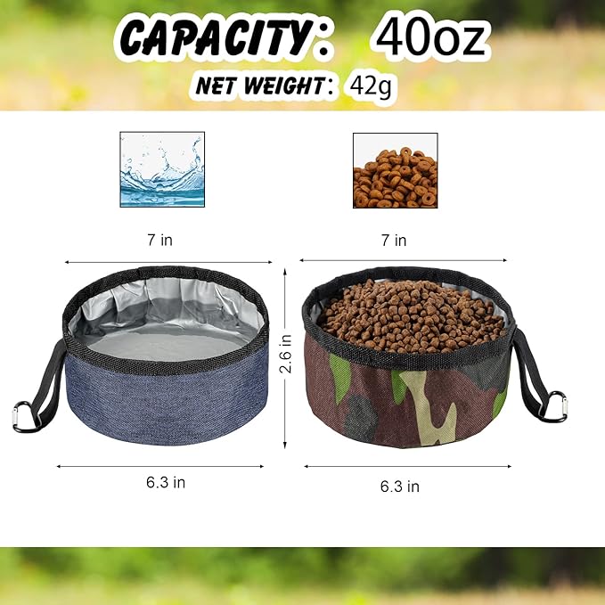 Meanplan 2 Pack Portable Dog Bowls Foldable Travel Dog Dish Portable Puppy Water and Food Bowl Pet Hiking Accessories for Small and Large Pets(Camo Green, Dark Blue,40 oz)