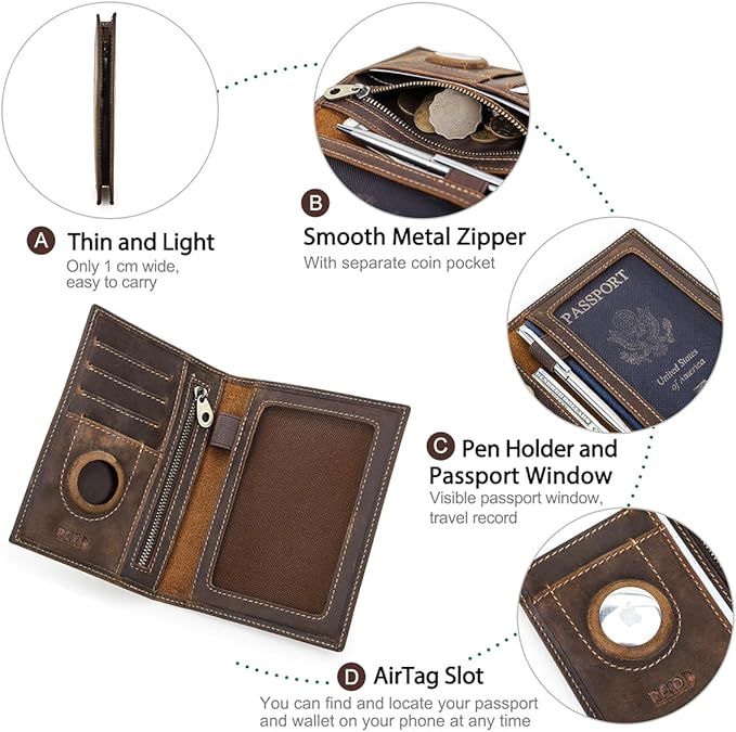 CONTACTS Full Grain Leather Airtag Passport Holder RFID Blocking Travel Passport Wallet Slim Passport Cover Case with 4 Cards Slots, Coin Pocket (Brown)