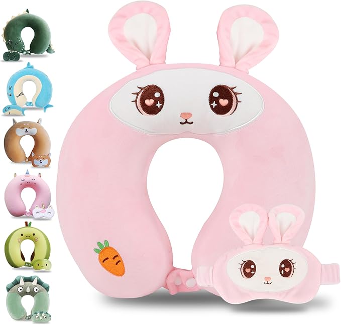 Sexysamba Cartoon Headrest & Neck Pillow for Kids Boys & Girls, Teens, Travel Accessories for Airplane, Car, Recline, Memory Foam Cute Travel Pillow with Sleep Eye Mask - Pink Rabbit