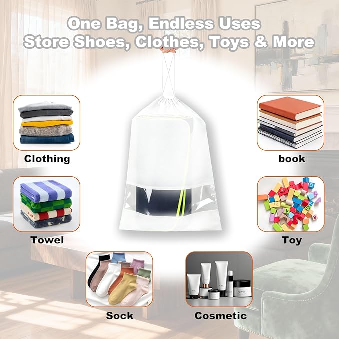 20 Pack Shoe Bags for Travel, 17" x 12.6" Drawstring Shoe Organizers with Clear Window, Breathable Non-Woven Dustproof Pouches for Luggage & Closet (White)