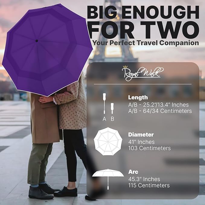 Royal Walk Windproof Folding Travel Umbrella Compact and Strong Luxurious Real Wood Handle Automatic Open Close Vented Double Canopy for Men and Women