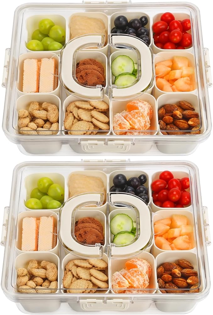 2Pcs Snackle Box Container, Divided Serving Tray with Lid and Handle, Snack Box Container Food Platter Charcuterie for Party, Veggies, Snack, Fruit, Nuts, Entertaining, Picnic, LARGER SIZE