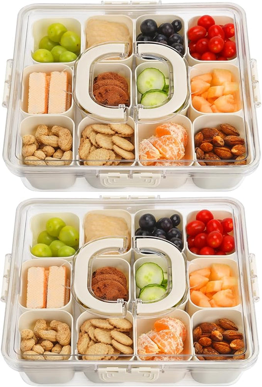 2Pcs Snackle Box Container, Divided Serving Tray with Lid and Handle, Snack Box Container Food Platter Charcuterie for Party, Veggies, Snack, Fruit, Nuts, Entertaining, Picnic, LARGER SIZE