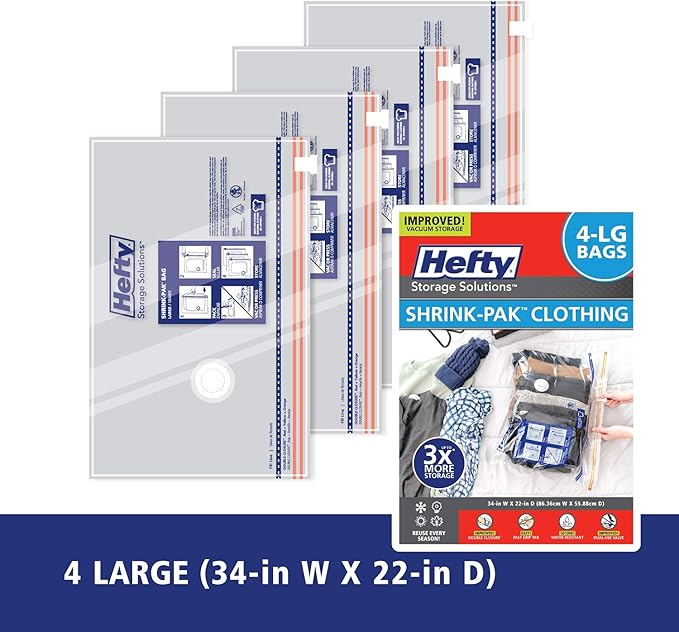Hefty Shrink-Pak - 4 Large Vacuum Storage Bags for Clothes, Pillows, Towels, or Blankets - Space Saver Vacuum Sealer Bags Ideal Under Bed Storage Solutions