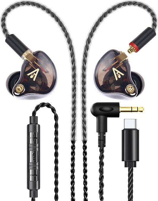 Vibes 201MC Wired Earbuds in-Ear Headphones with Mic, USB C to 3.5mm Adapter & Braided Cord, Noise Isolating Bass Driven USBC Earphones, Carry Case, Ear Buds Tips, 3.5mm Jack (Clear Brown)