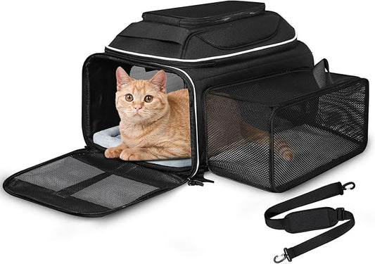 Petskd Top and Side Expandable Pet Carrier 17x12x8.5 Inches JetBlue Frontier Spirit Airline Approved, Soft-Sided Carrier for Small Cats and Dogs with Locking Safety Zipper and Anti-Scratch Mesh(Black)