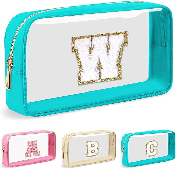 Personalized Initial Letter Clear Makeup Bag,Preppy Small Nylon&PVC Cosmetic Zipper Bag with Chenille Letter,Portable Beach Travel Skincare Toiletry Bag,Trendy Monogram Gift for Teen Girls Women,W