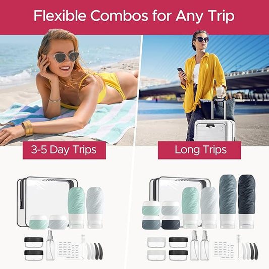 LitBear 23 Pack TSA Approved Travel Bottles for Toiletries, Leak Proof Refillable Travel Size Containers Kit with Silicone Squeezable Bottles Jars for Shampoo Lotion Conditioner, in Clear Bag, Gray