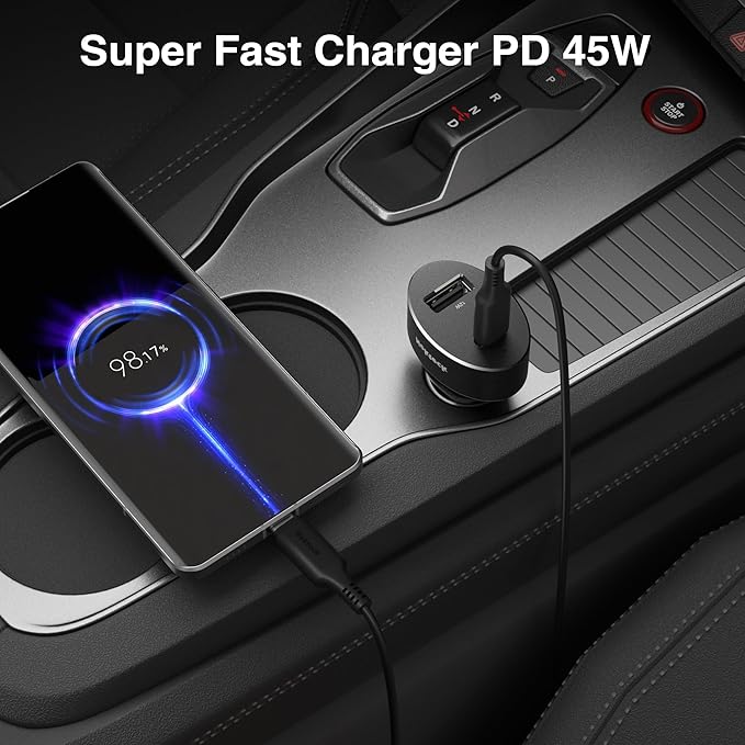 Type C Car Charger, Nekteck USB Adapter with 45W Power Delivery and 12W A Port Compatible with iPhone, iPad, MacBook, Galaxy, Google Pixel, 3.3ft Cable Included, NOT Ideal for Note10+PPS