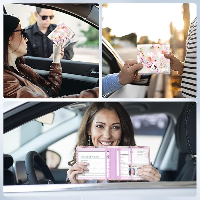 Car Registration and Insurance Card Holder，Vehicle Glove Box Car Organizer，Accessories Case for Storing Driving Licences, Cards, Documents,Pink flower