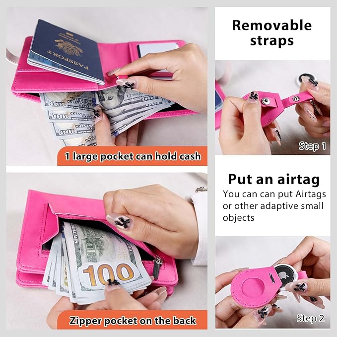 Passport Holder with Airtag for Women/Men,Airtag Passport Wallet for Travel,Cute Passport Holder Rfid Blocking,Travel Wallet for Cards Passport Cover Case (Rose)