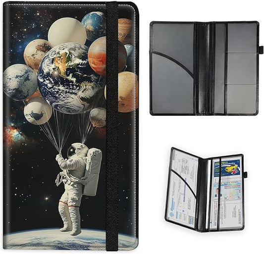 Car Registration and Insurance Holder PU Leather Vehicle Insurance and Registration Holders Wallet Case with Elastic Band Closure for ID Card, Driving Licence, Astronaut with Planets