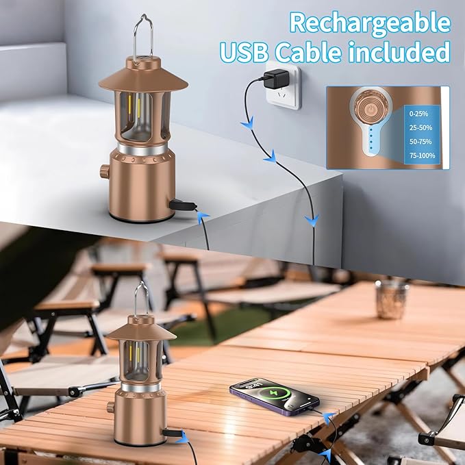 Retro Classic LED Camping Lantern, Rechargeable Stepless Dimming Vintage Lantern, 3 Light Modes (2000K-6500K), 8000mAh Power Bank, Bright Hanging Tent Light for Indoor & Outdoor, Hiking, Camp