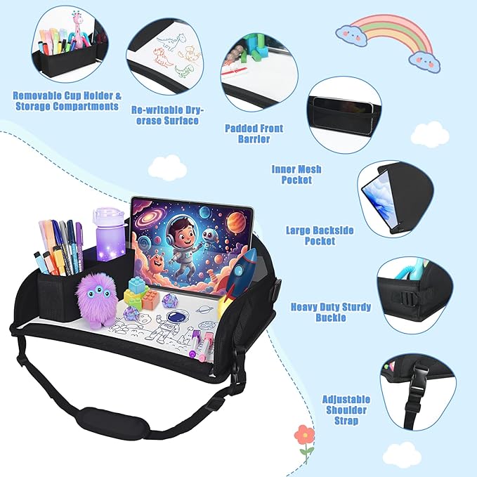 Upgraded Kids Travel Tray for Airplane - Toddler Car Seat Table Tray, Road Trip Essentials for Boys & Girls, Carseat Lap Desk for Kids Road Trip Activities, Black