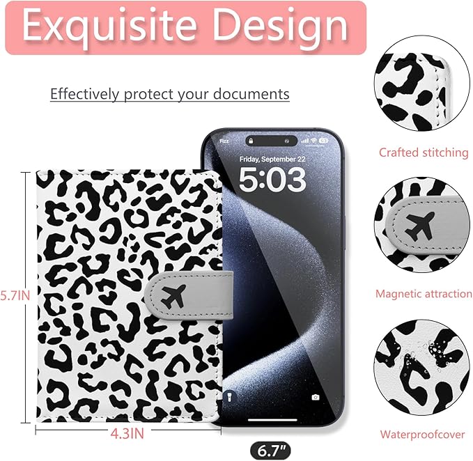 Passport Holder, Travel Wallet Cover with Pen Loop | Cute RFID Blocking Leather Case with Magnetic Closure for Travel Essentials-Leopard