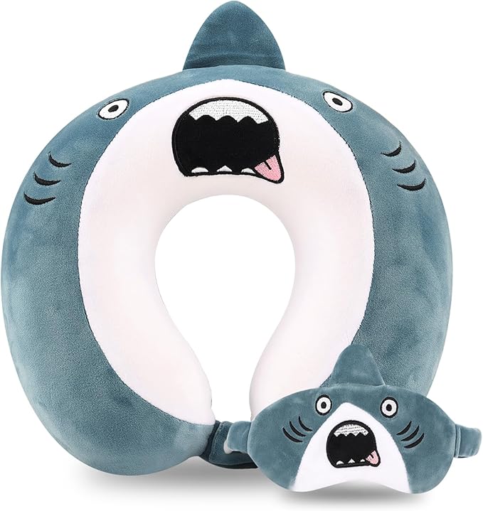 Cute Travel Neck Pillow, Kids Neck Pillow for Travel with Sleep Eye Mask, Memory Foam Cartoon Flight Sleeping Headrest Pillow for Boys & Girls, Train, Car, Airplane, Home Use - Bigmouth Shark