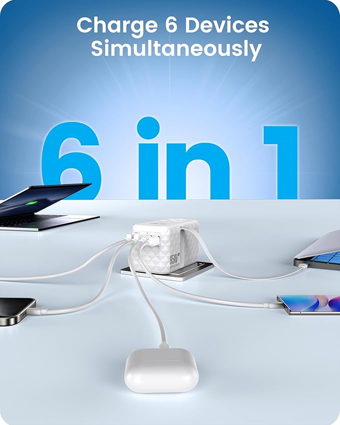 LENCENT 85W Universal Travel Power Adapter with Retractable USB C Cable, GaN International Travel Adapter with 1 USB-A & 3 Type C Fast Charging, Worldwide Plug Adaptor for US to EU UK Type C/G/A/I