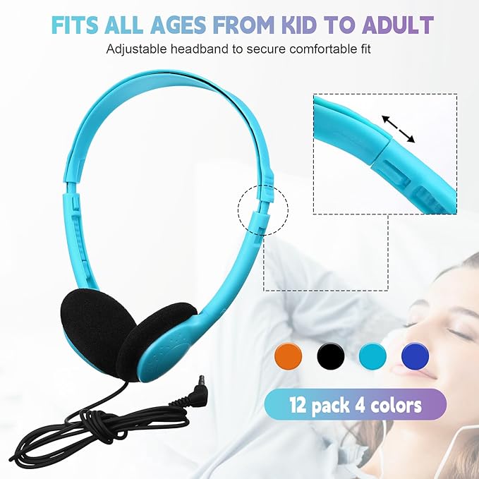Konohan 12 Pack Headphones Bulk for School Student Classroom Set of Headphones Wire Headset Adjustable with 3.5 mm Jack for Adult (Light Blue,Orange,Blue,Black)