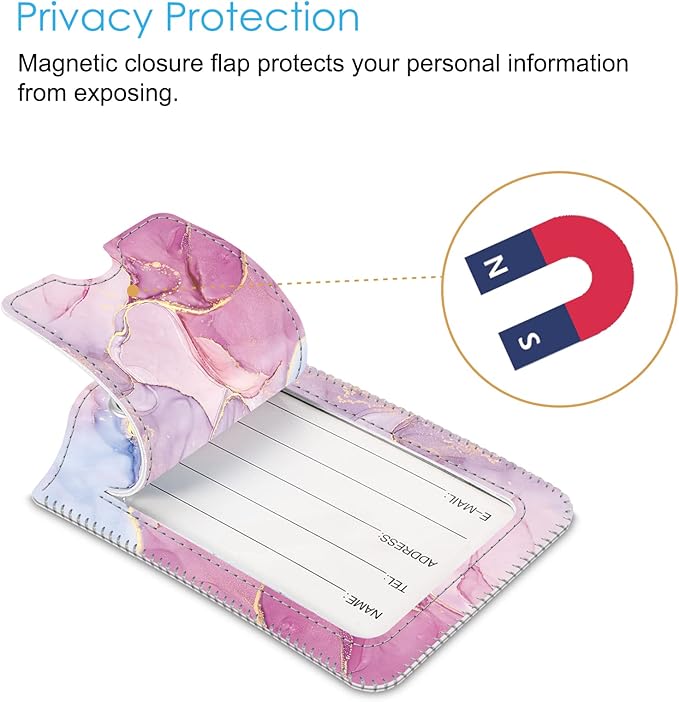 Fintie Luggage Tags, Privacy Cover ID Label with Stainless Steel Loop and Address Card for Travel Bag Suitcase - Glittering Marble (2 Piece)