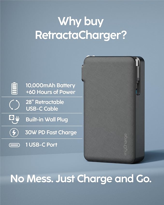 myCharge RetractaCharger 10000mAh Portable Charger Power Bank with 28-Inch Retractable USB-C Cable | Premium Fabric | Built-in Wall Plug | 30W PD Fast Charging | USB-C/A Ports | Digital Display
