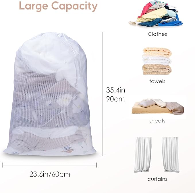 Meowoo Large Mesh Laundry Bag, 24×36inch Heavy Duty Mesh Laundry Bags Drawstring Lockable, Laundry Hamper Liner, Machine Washable, for Travel,Storage, Sports Factories, Dorms, White 4pcs