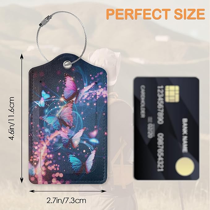 Dream Starlight Butterfly 3 Pack Luggage Tags for Suitcases, Colorful Butterfly PU Leather Luggage Tag for Travel, Bag Tags with Privacy Name ID Card and Steel Loop for Women Men