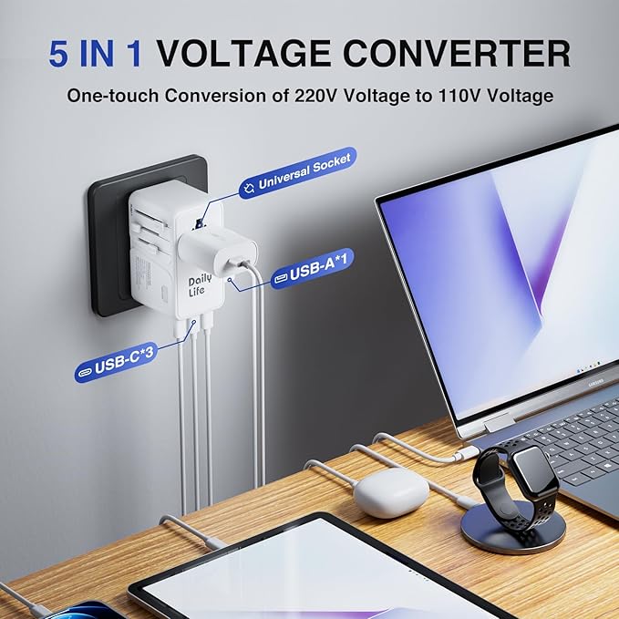 DAILYLIFE 220V to 110V Converter, Travel Adapter US to Europe - Power Converter Adapter Combo with 3 USB C and 1 USB A for US/UK/EU/AU, 1 Pack (White)