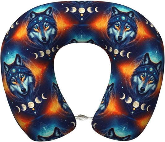 Unique Travel U Shaped Pillows Galaxy Wolf Night Sky Space Moon for Airplanes Car Flight, Comfortable Chin Head Neck Cushion Supporting, Polyester Removable Cover