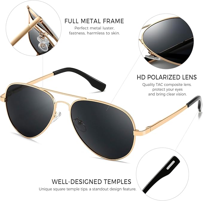 SUNGAIT Classic Aviator Sunglasses for Men Women Polarized UV400 Protection Vintage Retro Chic