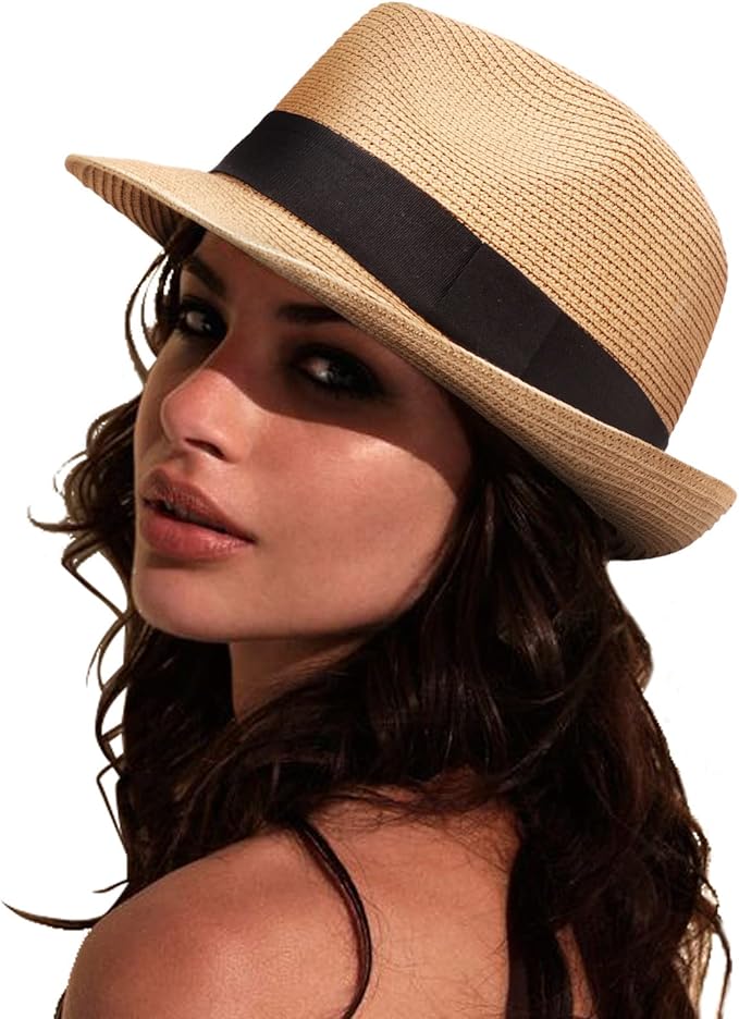 DRESHOW Women Straw Panama Hat Travel Fedora Beach Sun Hat Summer Wide Brim Straw Roll up Hat UPF 50+