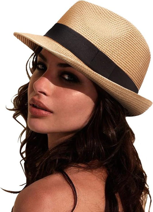 DRESHOW Women Straw Panama Hat Travel Fedora Beach Sun Hat Summer Wide Brim Straw Roll up Hat UPF 50+