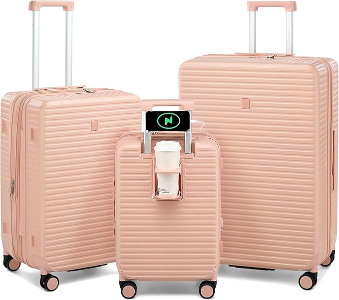 Hard Shell Suitcases Expandable Travel Luggage Sets 3 Piece, Carry on and Check in 3 Piece Luggage Suitcase Sets with Spinner Wheels Cup Holder Charger Built in (Pink, 20/24/28)