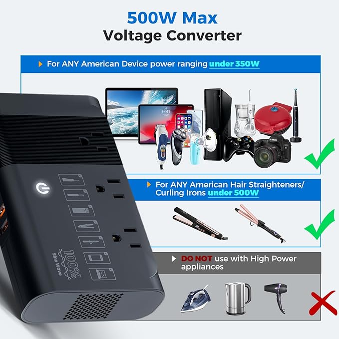 DOACE 500W Max Pure Sine Wave Voltage Converter Us to Europe, 220V to 110V Converter 50Hz to 60Hz Transformer for European Travel, Power Converter Adapter Combo for CPAP Hair Straightener Laptop Phone