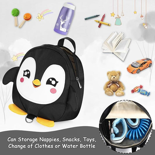 Accmor Toddler Harness Backpack Leash, Cute Penguin Kid Backpacks with Anti Lost Wrist Link, Mini Child Backpack Harness Leashes Walking Wristband Rope Travel Bag Harness Rein for Baby Girls (Black)