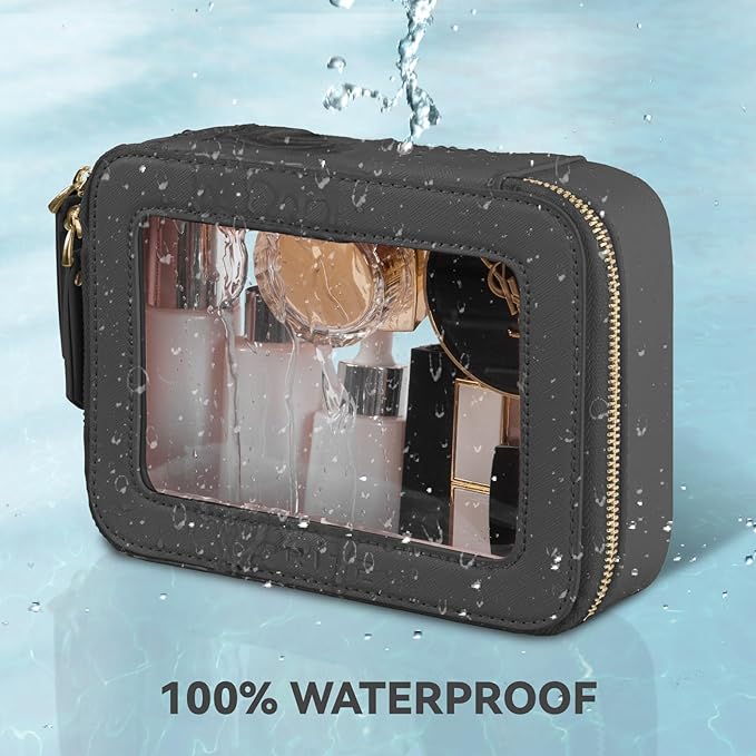 Prite Clear Makeup Bag Cosmetic Organizer Case Waterproof Travel Toiletry Bag Skincare Pouch with Golden Zipper(Black)