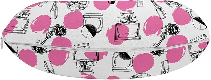 Ambesonne Feminine Travel Pillow Neck Rest, Repetitive Perfume Lipstick Makeup Care Items with Sketchy Dots Print, Memory Foam Traveling Accessory for Airplane and Car, 12", Pink Charcoal