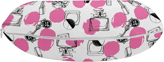 Ambesonne Feminine Travel Pillow Neck Rest, Repetitive Perfume Lipstick Makeup Care Items with Sketchy Dots Print, Memory Foam Traveling Accessory for Airplane and Car, 12", Pink Charcoal