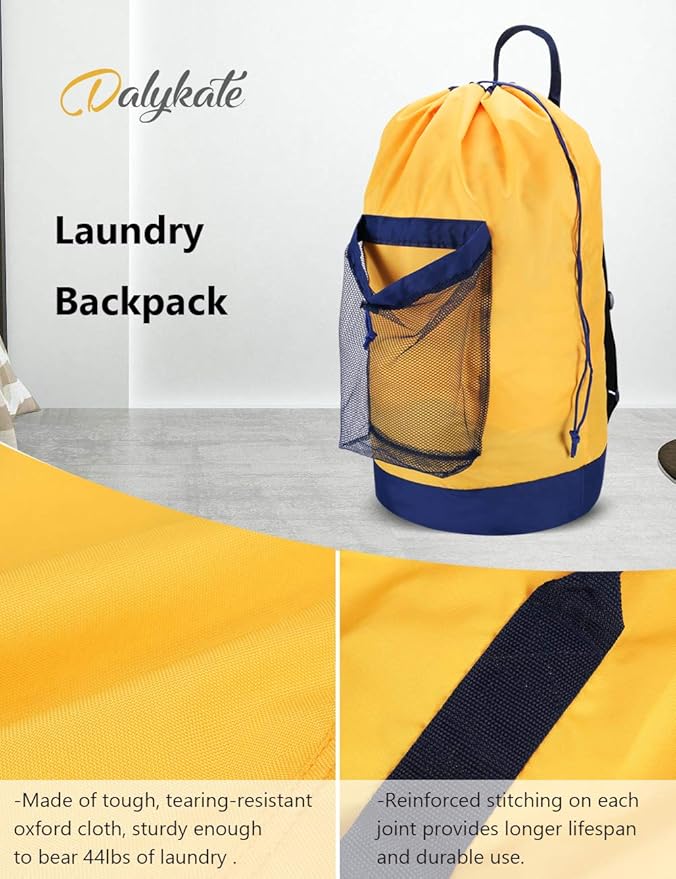 Dalykate Backpack Laundry Bag, Laundry Backpack with Shoulder Straps and Mesh Pocket Durable Nylon Clothes Hamper Bag with Drawstring Closure for College, Travel, Laundromat, Apartment