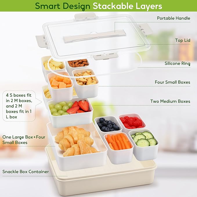 Snackle Box Container for Adults, 11 in 1 Divided Serving Tray Snack Box Containers with Stackable Compartment and Handle, Customizable Charcuterie Boxes Portable Snack Platter for Party Travel, White