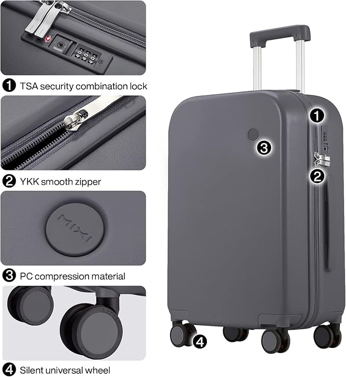 mixi Luggage Suitcase with Spinner Wheels, Hardside Rolling Suitcase PC with Cover & TSA Lock Lightweight Travel Case 24in Checked in, Rock Gray