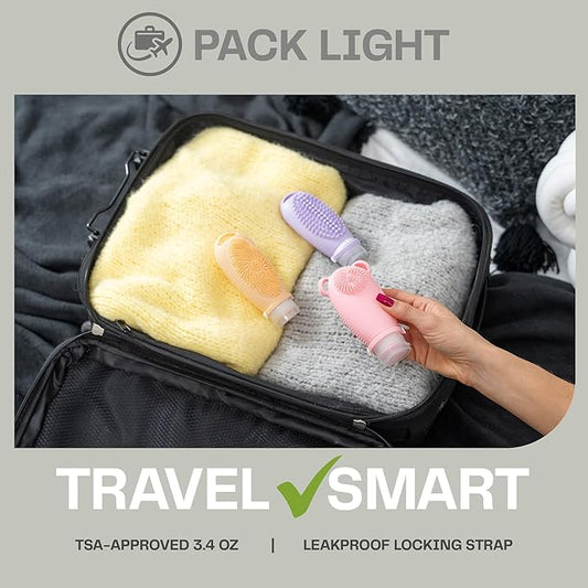 Sumina Premium Silicone Travel Bottles 3-Pack (3.4oz) | TSA Approved Leakproof Toiletry Containers | Refillable Shower Bottles & Gentle Exfoliating Scrubber for Sensitive Skin