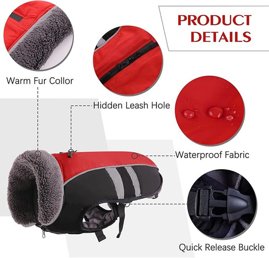 QBLEEV Warm Dog Coat Reflective Dog Winter Jacket, Waterproof Windproof Dog Turtleneck Clothes for Cold Weather, Fleece Dog Snowsuit Christmas Dog Vest Pet Apparel for Small Medium Large Dogs XL