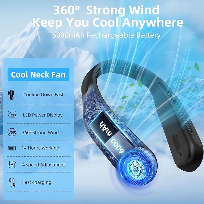Portable Neck Fan,Hands Free Personal Wearable Bladeless Fan,6000mAh USB Rechargeable,360° Cooling,LED Display,4-Speeds,Birthday Gifts for Men Women Dad Mom,Stocking Stuffers Christmas Gifts (Black)
