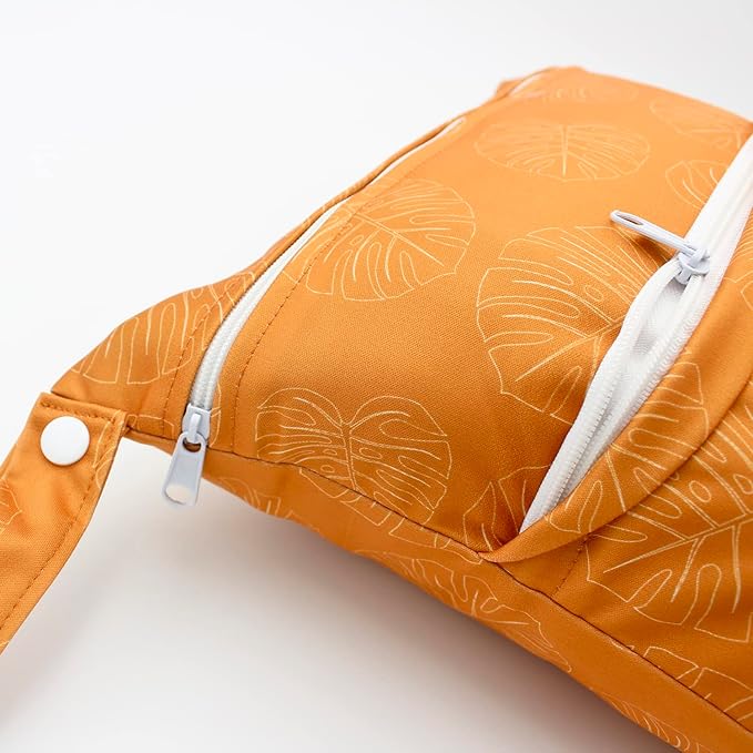 Wet Dry Bag Waterproof Reusable Wet Bag for Swimsuit, Travel, Beach, Pool, Bathing, Diapers, Dirty Yoga Gym Clothes Toiletries Daycare Organizer with Two Zippered Pockets (yellow leaf)