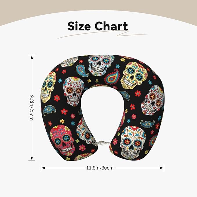 Travel Neck Pillow for Pain Relief Sleeping, Vintage Paisley Sugar Skull, Comfortable Memory Foam Chin Head Cushion Support with Zip Cover, Fashion Car Flight Pillows