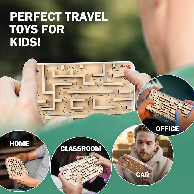 Handheld Fidget Puzzle Game for Kids and Adults - Challenging Wooden Labyrinth Marble Maze for Teen Boys - Fun Brain Teaser Puzzle Fidget Toys for Travel Stocking Stuffer Party Favor for Kids Ages 8+